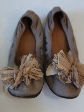 Womens Lanvin Brown Leather Ballet Flats W/Beige Bow 40 1/2 /US 10.5